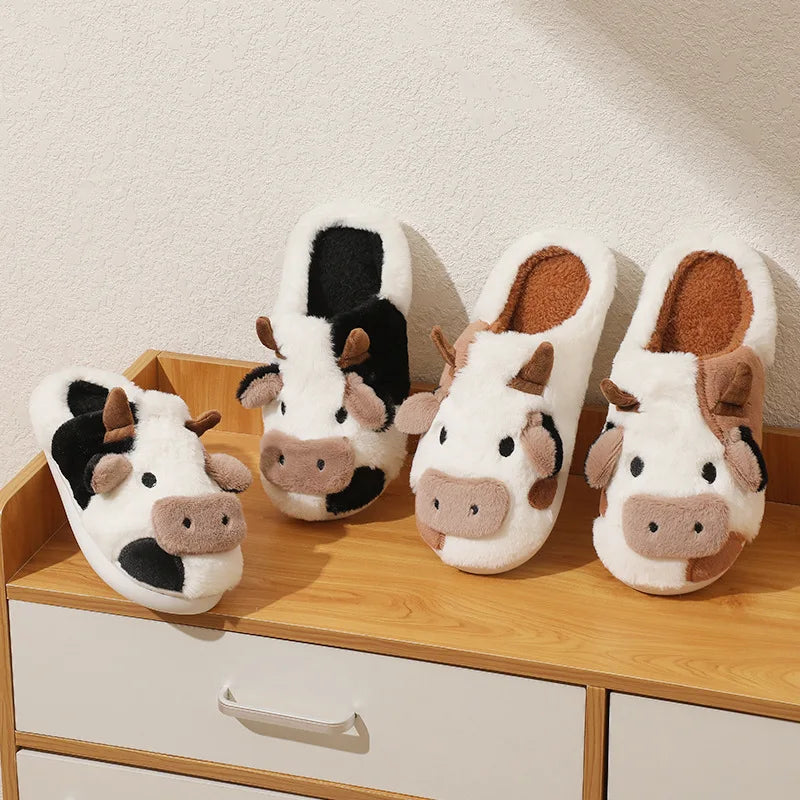 Winter Women Men Cute Cartoon Cow Warm Plush Slippers Couple'S Indoor Soft Non-Slip House Slides Home Cotton Shoes