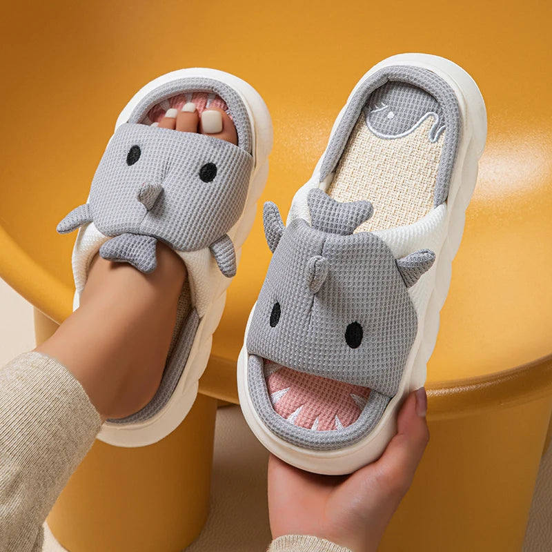 Cute Cartoon Shark Linen Slippers Women 2024 Winter Thick Bottom Home Cotton Slippers Woman Non Slip Indoor Couple Shoes Slides